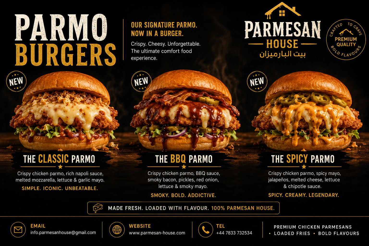 Parmo Burgers — The Classic, The BBQ, The Spicy